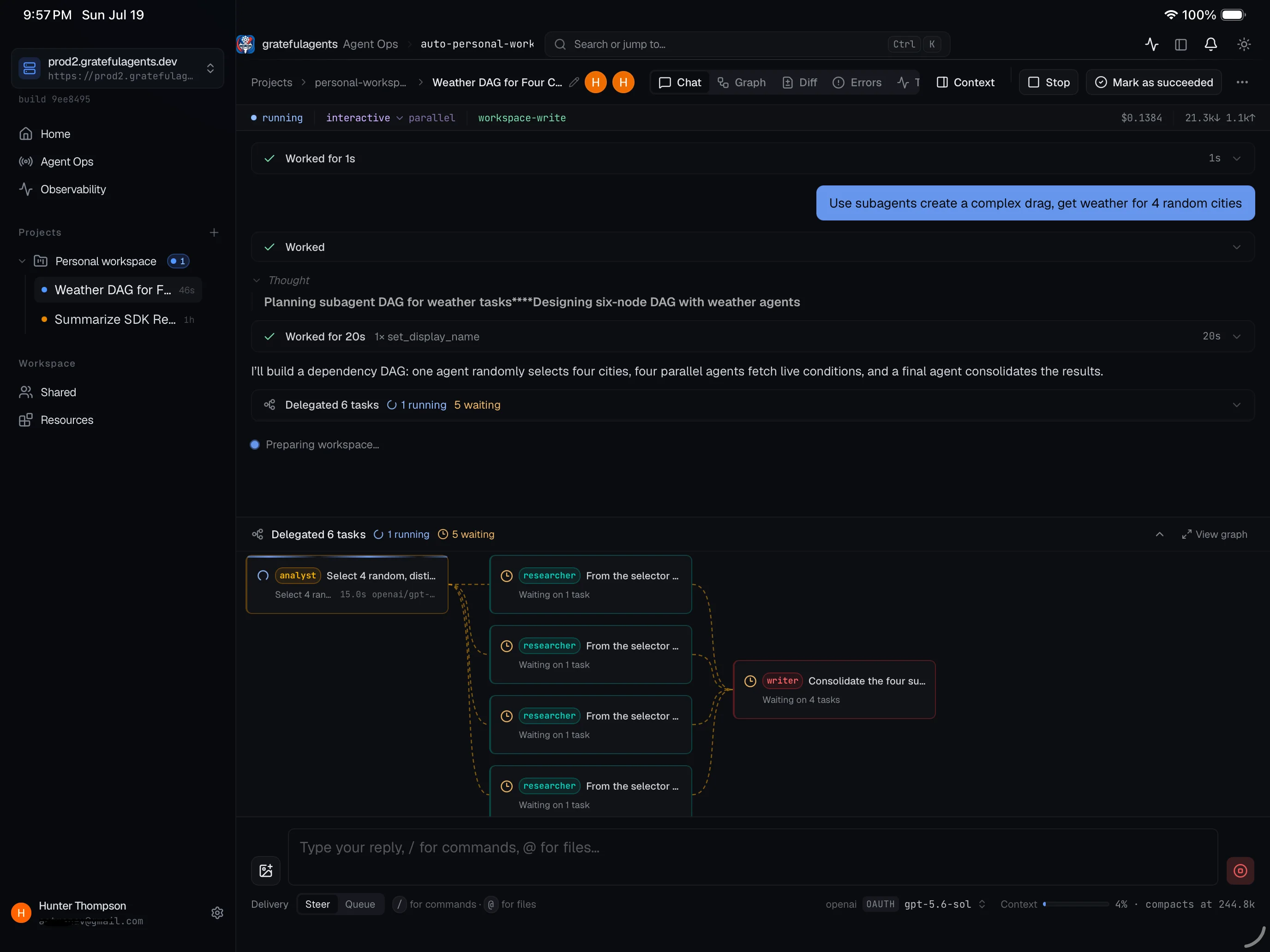 iPad views of the GratefulAgents app following and steering a live agent run
